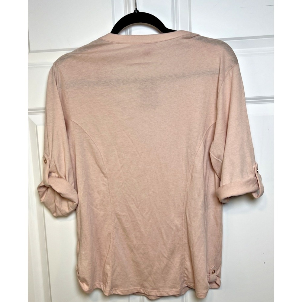 NWT Guess LA Skylar Top Women's L Blush Pink Modal Henley Roll Tab Sleeve Soft - Picture 3 of 16